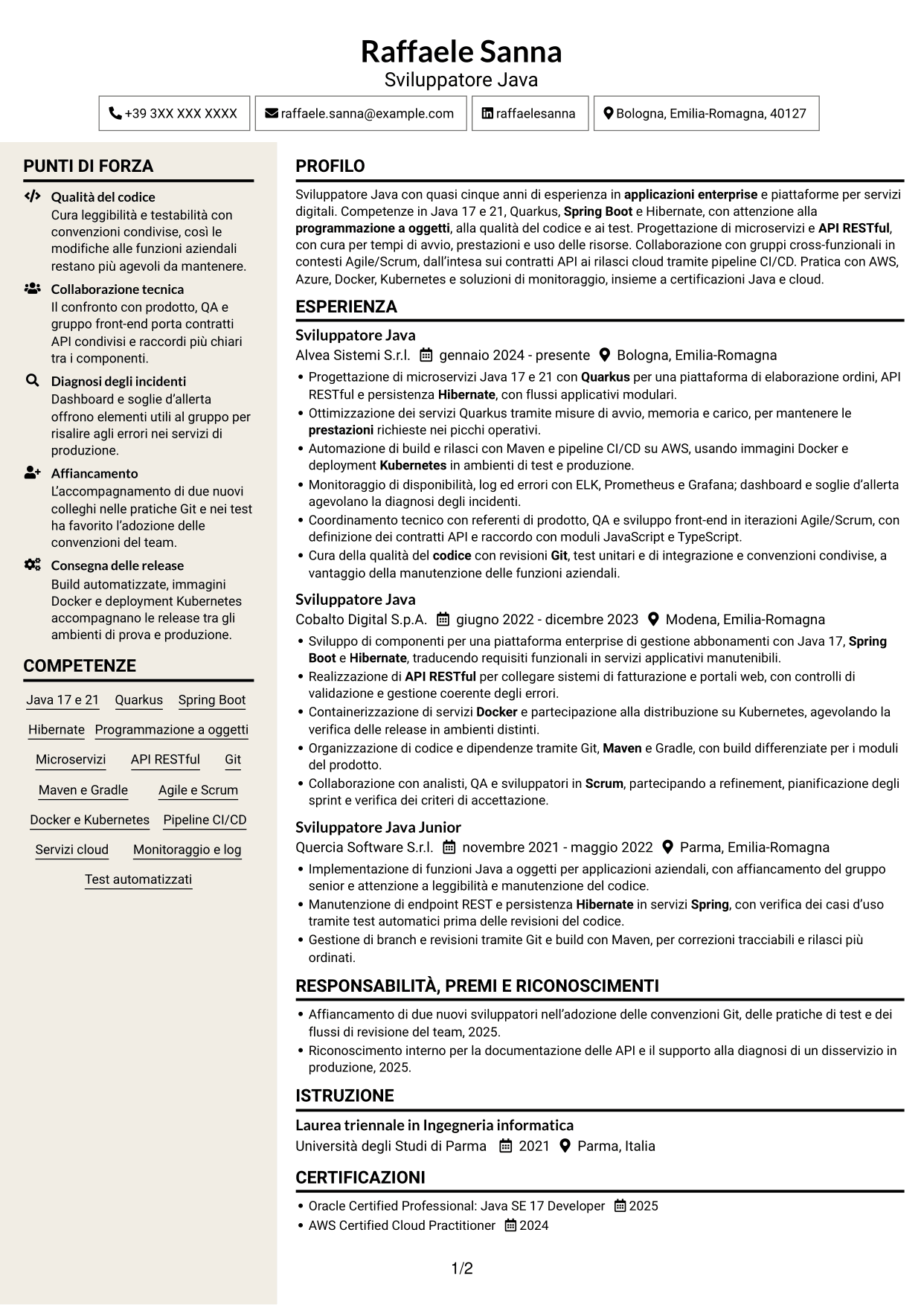 CV Intraprendente (formato a due colonne con intestazione centrata senza foto): Sviluppatore Java - Quarkus, pagina 1