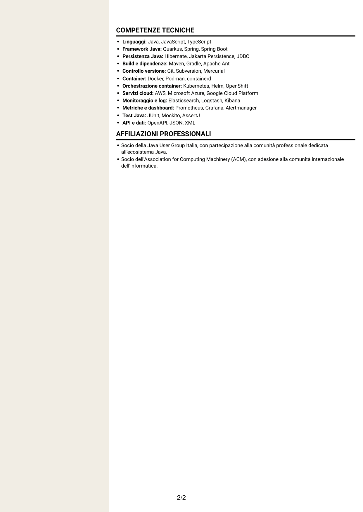 CV Intraprendente (formato a due colonne con intestazione centrata senza foto): Sviluppatore Java - Quarkus, pagina 2