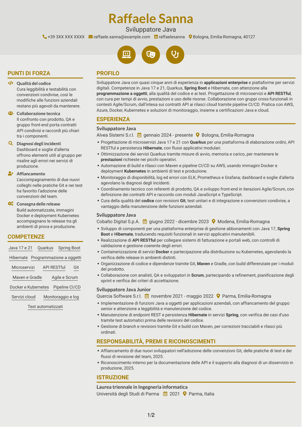 CV Dinamico (formato a due colonne con icone): Sviluppatore Java - Quarkus, pagina 1