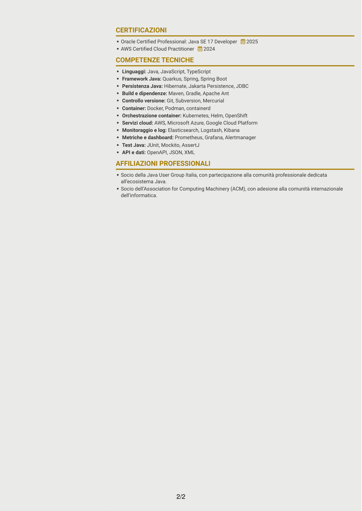 CV Dinamico (formato a due colonne con icone): Sviluppatore Java - Quarkus, pagina 2