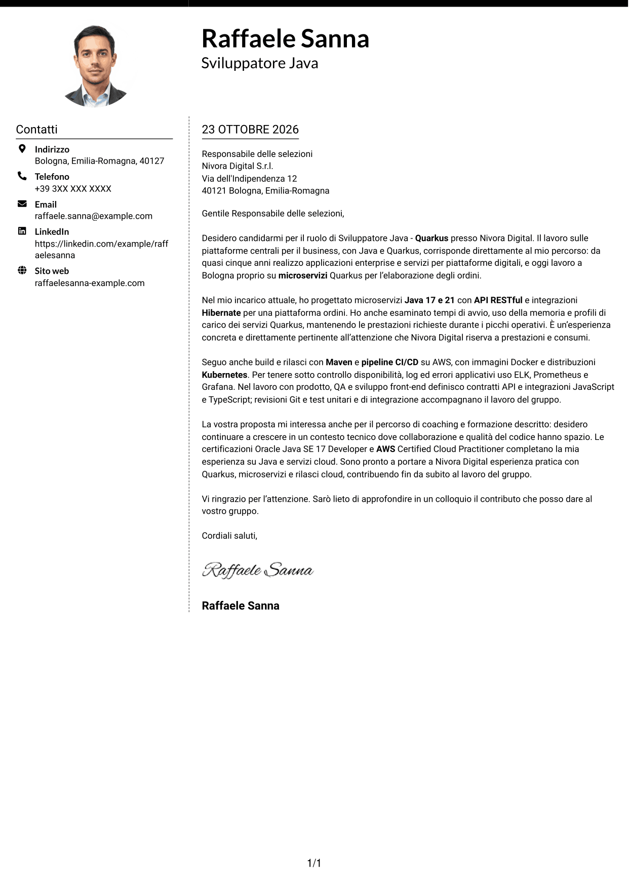 Lettera di presentazione Moderno (formato a due colonne con foto a sinistra e separatore): Sviluppatore Java - Quarkus, pagina 1