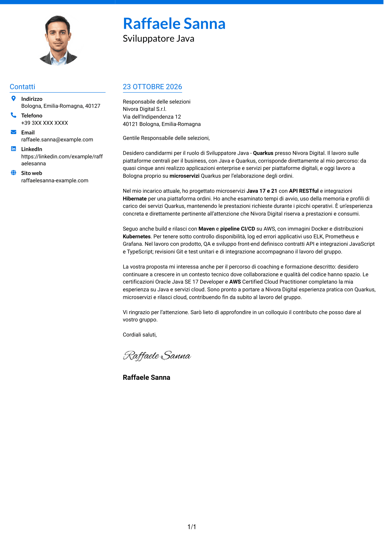 Lettera di presentazione Audace (formato a due colonne con accenti colorati e foto): Sviluppatore Java - Quarkus, pagina 1
