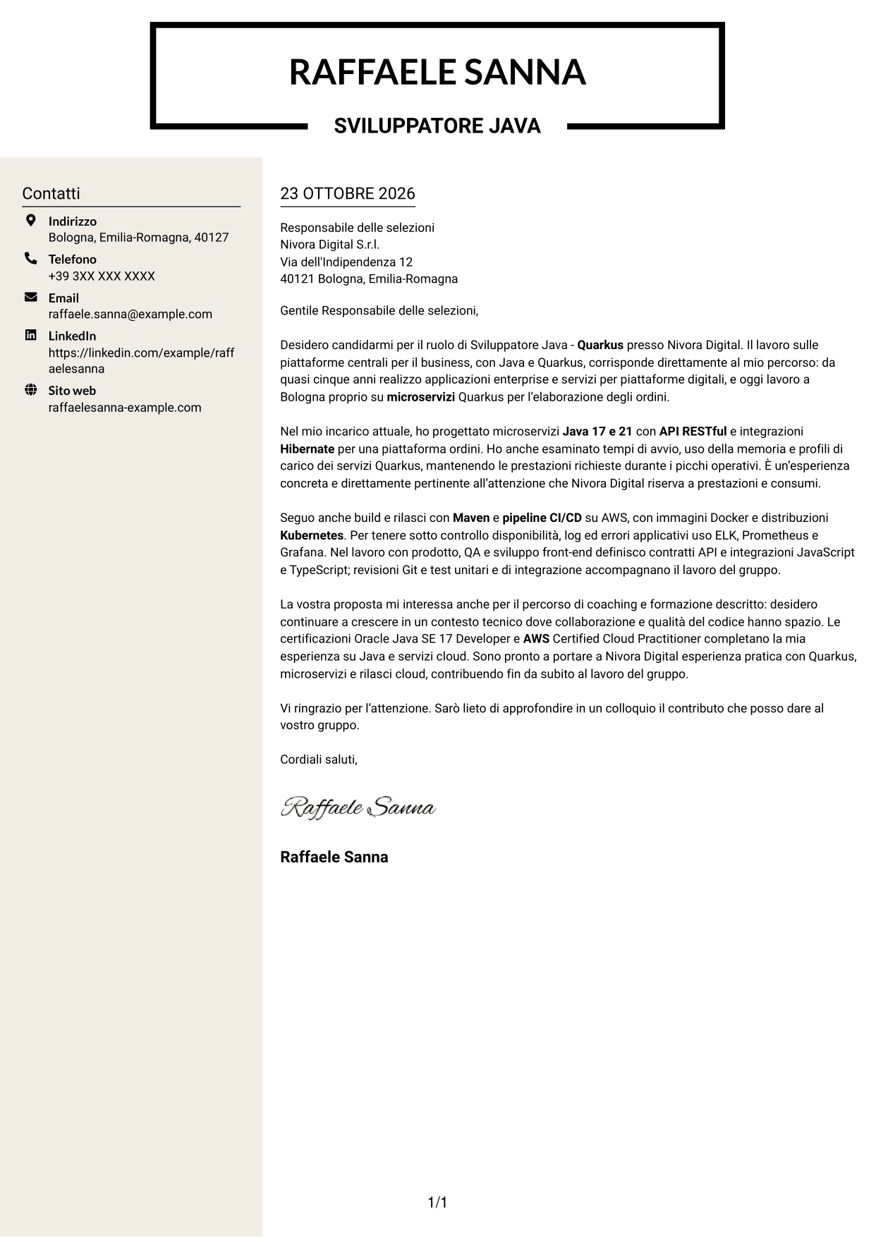 Lettera di presentazione Intraprendente (formato a due colonne con intestazione centrata senza foto): Sviluppatore Java - Quarkus, pagina 1