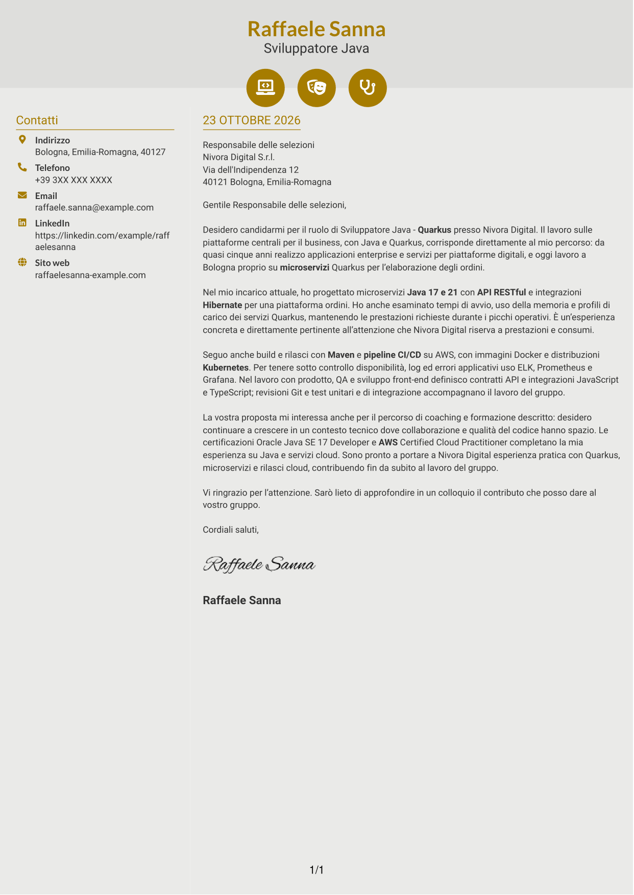 Lettera di presentazione Dinamico (formato a due colonne con icone): Sviluppatore Java - Quarkus, pagina 1