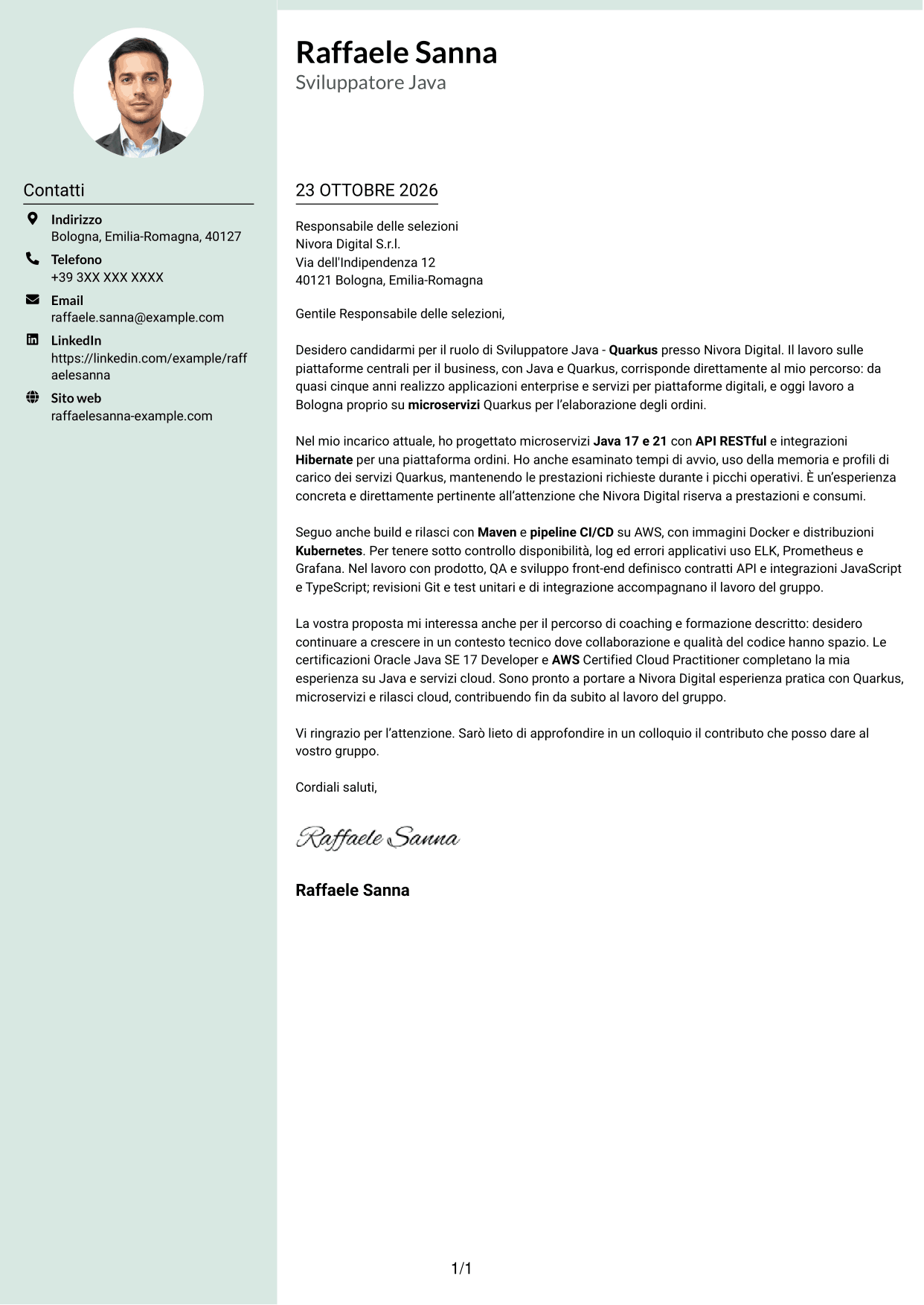 Lettera di presentazione Dirigente (formato con colonna laterale tenue e foto arrotondata): Sviluppatore Java - Quarkus, pagina 1
