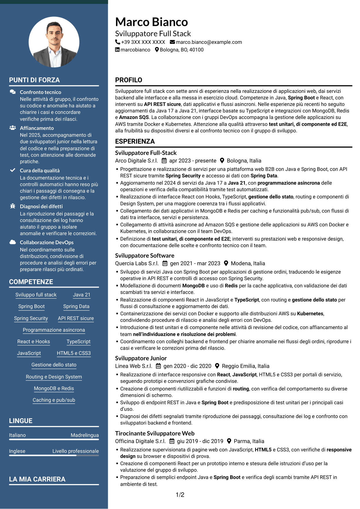CV Elegante (formato con colonna laterale colorata e foto): Sviluppatore Java/React, pagina 1