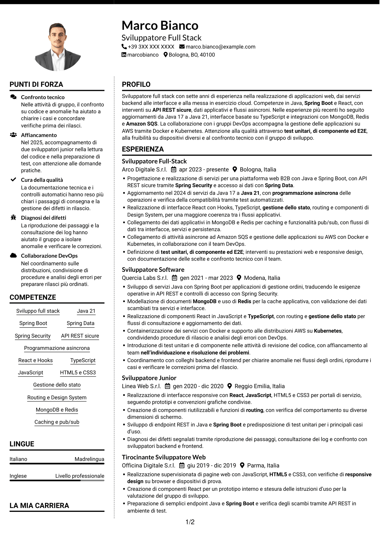 CV Moderno (formato a due colonne con foto a sinistra e separatore): Sviluppatore Java/React, pagina 1