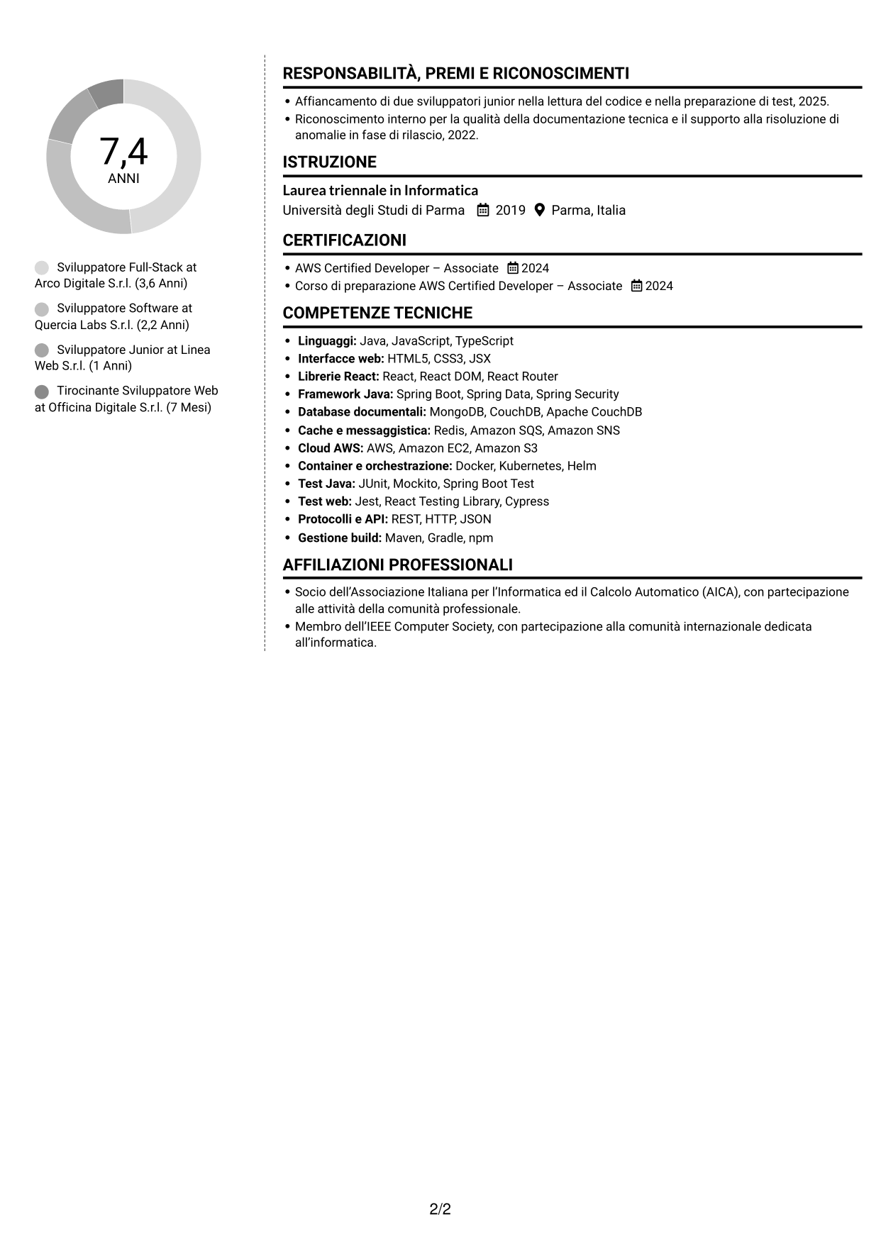 CV Moderno (formato a due colonne con foto a sinistra e separatore): Sviluppatore Java/React, pagina 2