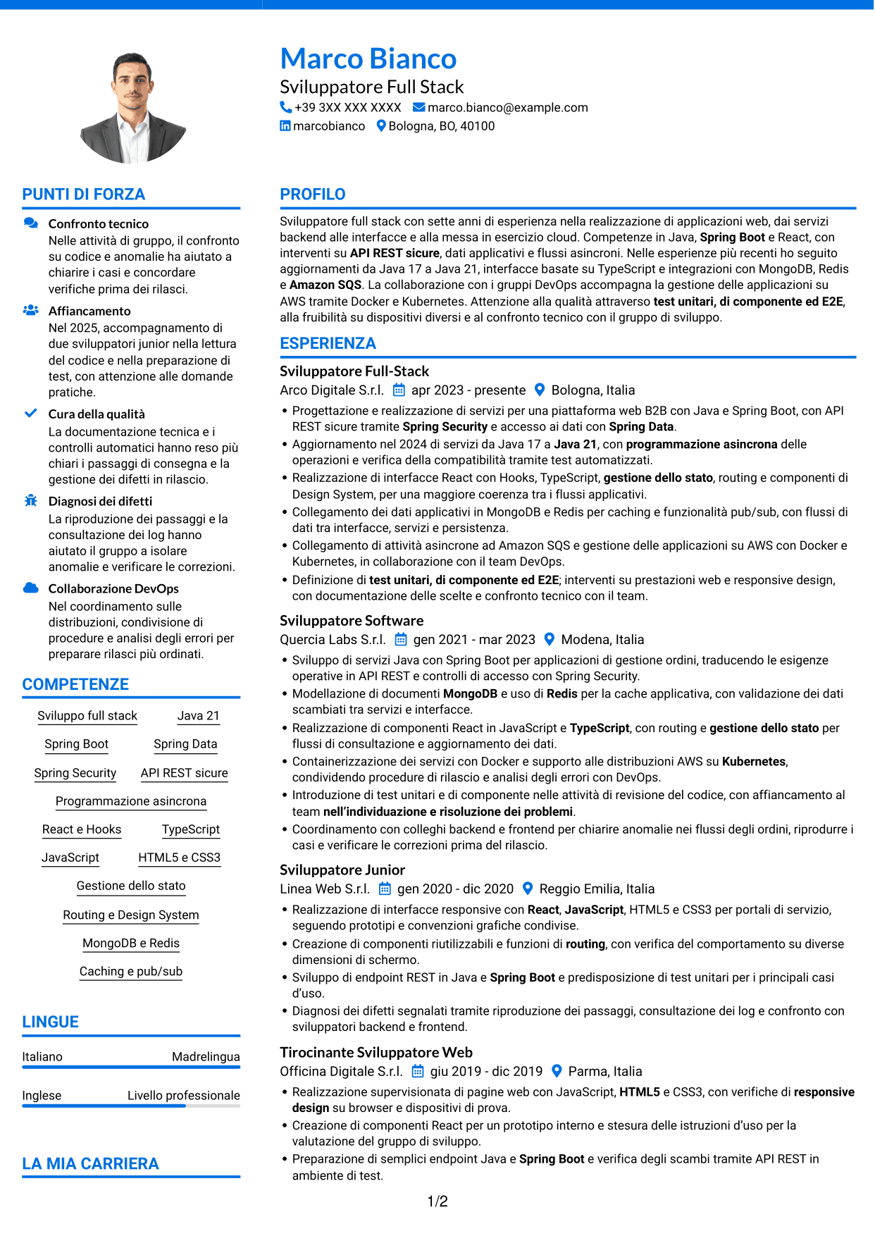 CV Audace (formato a due colonne con accenti colorati e foto): Sviluppatore Java/React, pagina 1