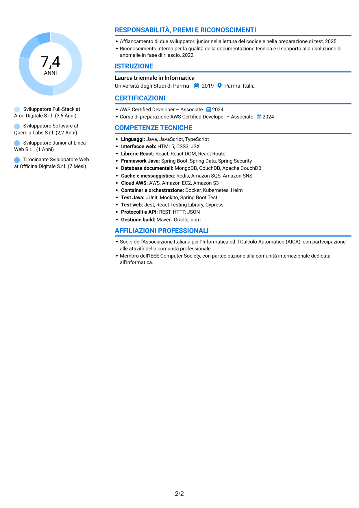 CV Audace (formato a due colonne con accenti colorati e foto): Sviluppatore Java/React, pagina 2