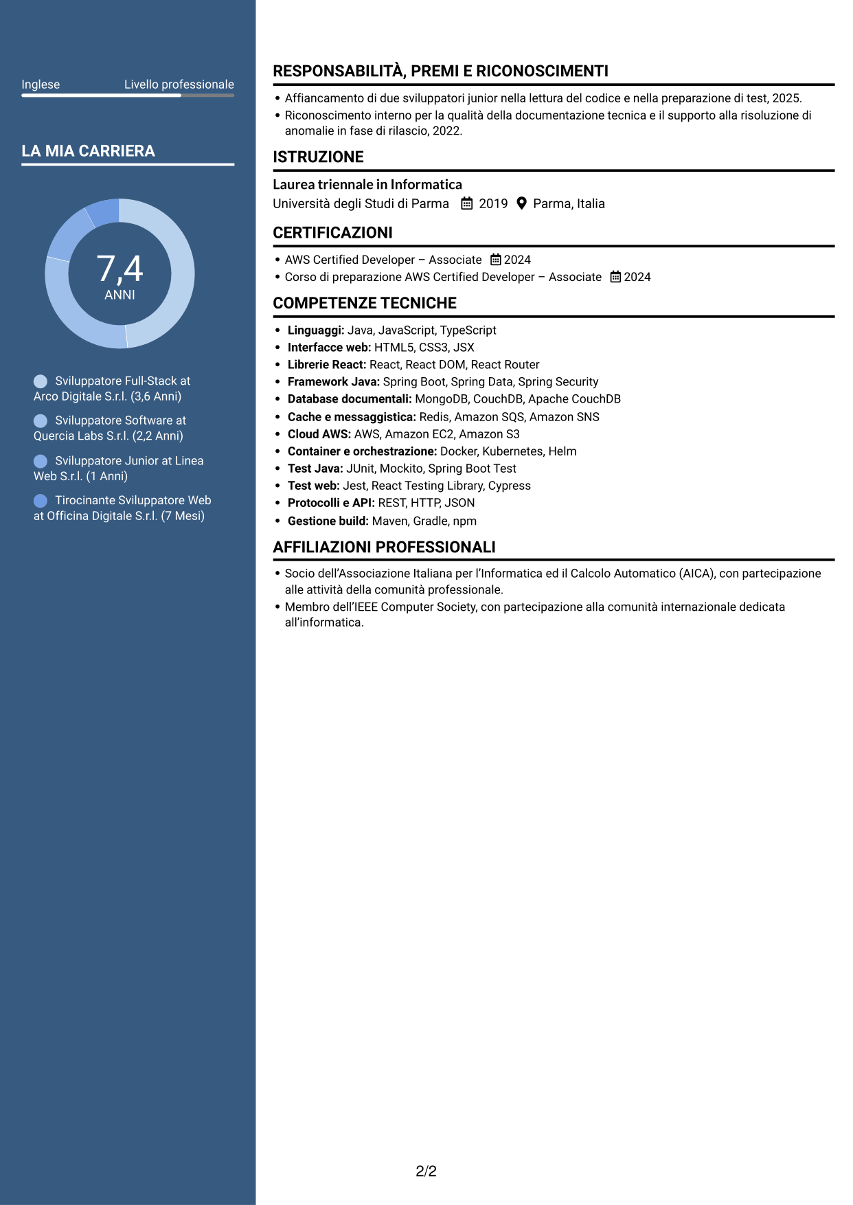 CV Signature (formato con colonna laterale colorata e foto grande): Sviluppatore Java/React, pagina 2