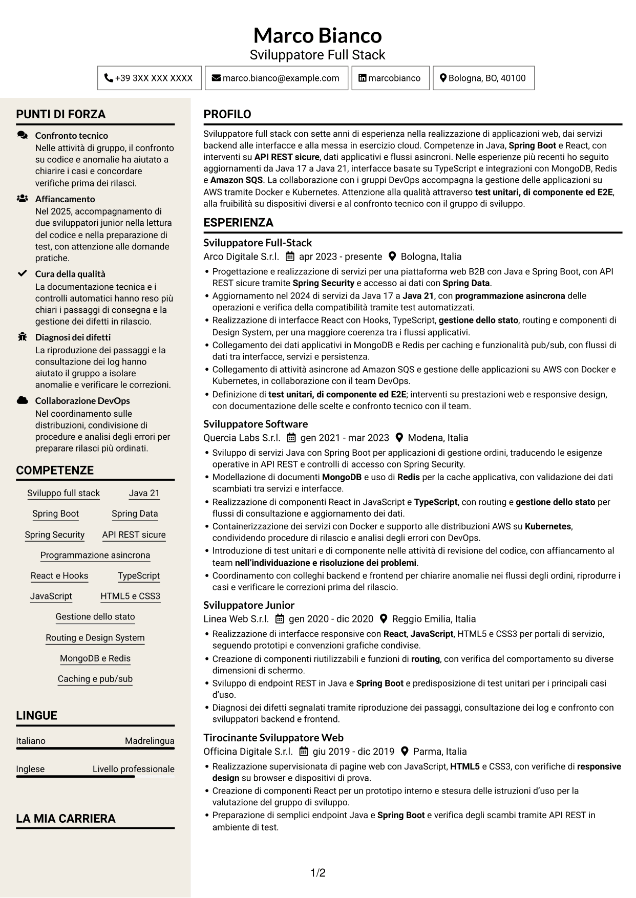 CV Intraprendente (formato a due colonne con intestazione centrata senza foto): Sviluppatore Java/React, pagina 1