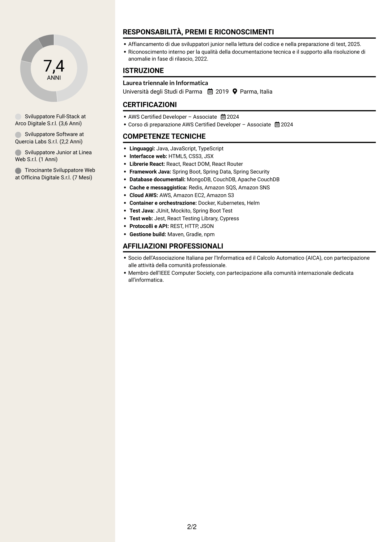 CV Intraprendente (formato a due colonne con intestazione centrata senza foto): Sviluppatore Java/React, pagina 2