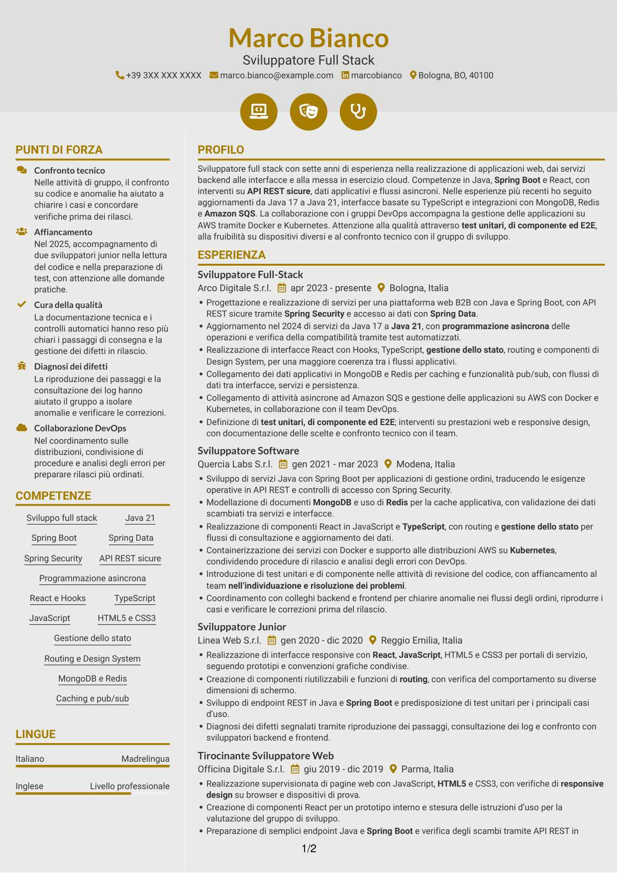CV Dinamico (formato a due colonne con icone): Sviluppatore Java/React, pagina 1