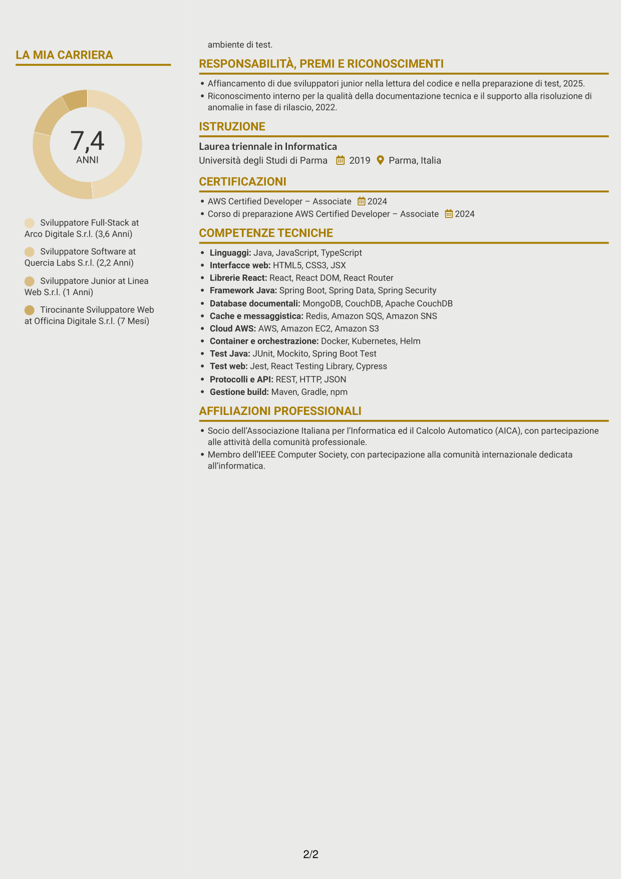 CV Dinamico (formato a due colonne con icone): Sviluppatore Java/React, pagina 2