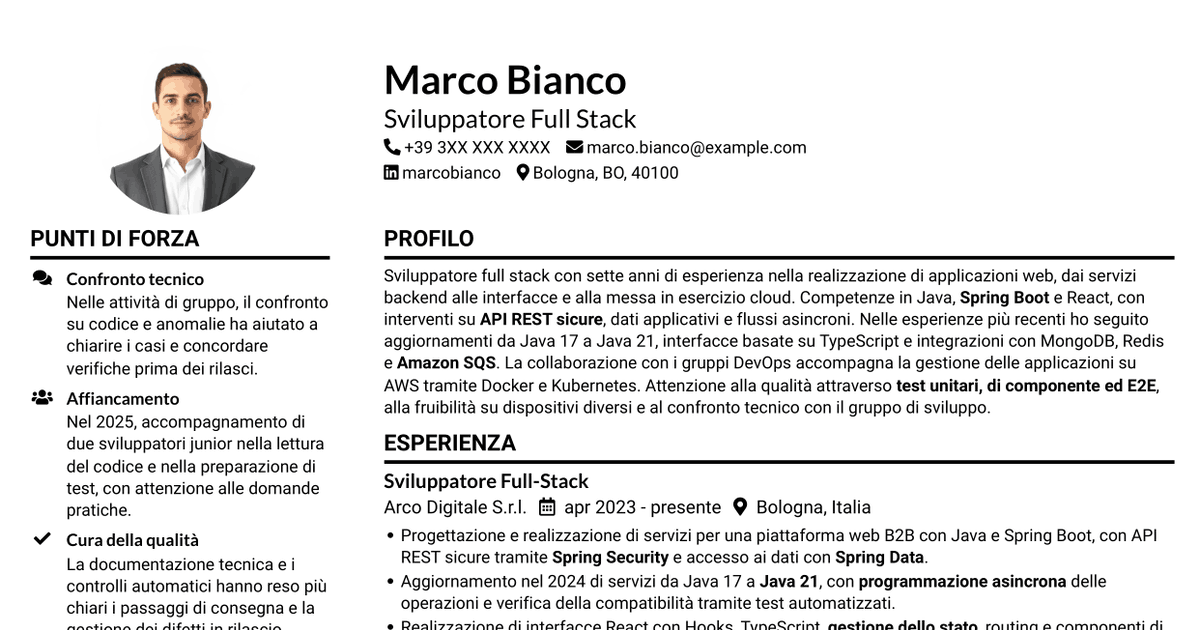 7 modelli di CV per Sviluppatore Java/React, con esempi