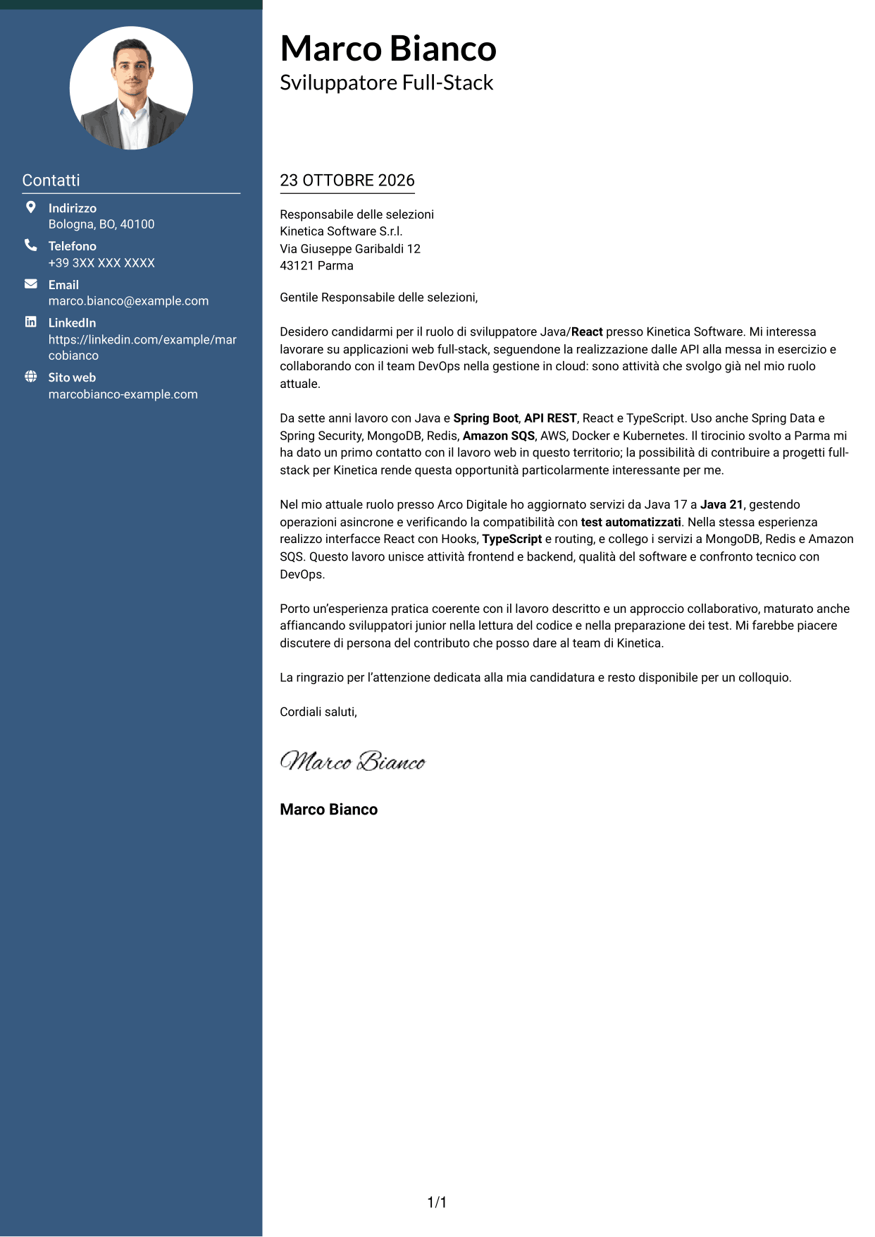 Lettera di presentazione Elegante (formato con colonna laterale colorata e foto): Sviluppatore Java/React, pagina 1