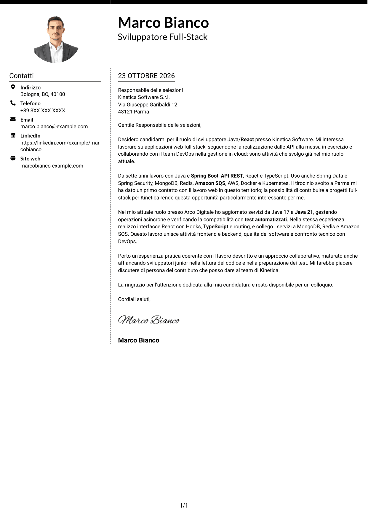 Lettera di presentazione Moderno (formato a due colonne con foto a sinistra e separatore): Sviluppatore Java/React, pagina 1