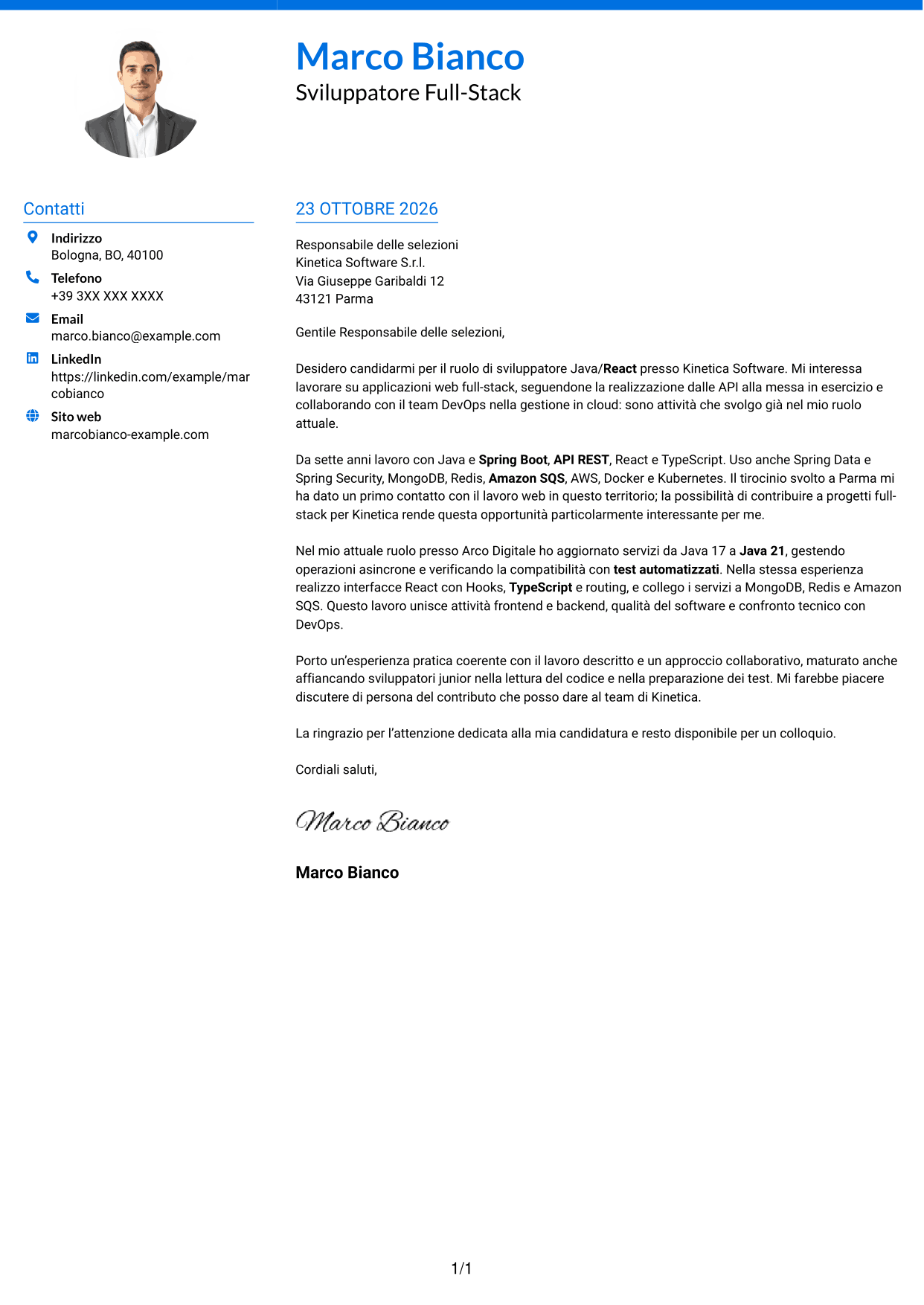 Lettera di presentazione Audace (formato a due colonne con accenti colorati e foto): Sviluppatore Java/React, pagina 1