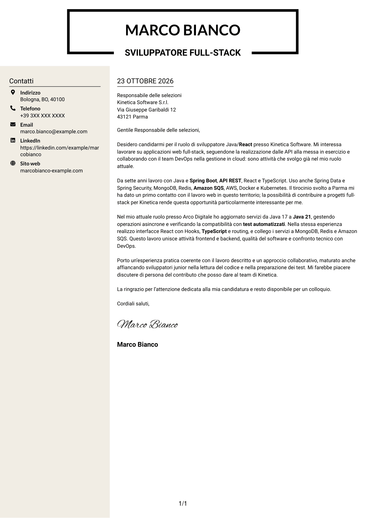 Lettera di presentazione Intraprendente (formato a due colonne con intestazione centrata senza foto): Sviluppatore Java/React, pagina 1