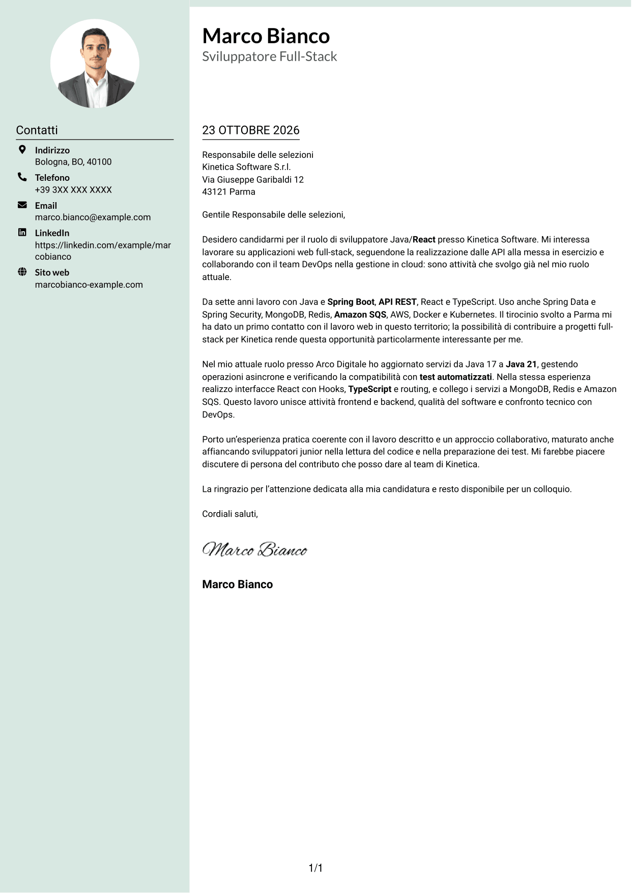 Lettera di presentazione Dirigente (formato con colonna laterale tenue e foto arrotondata): Sviluppatore Java/React, pagina 1