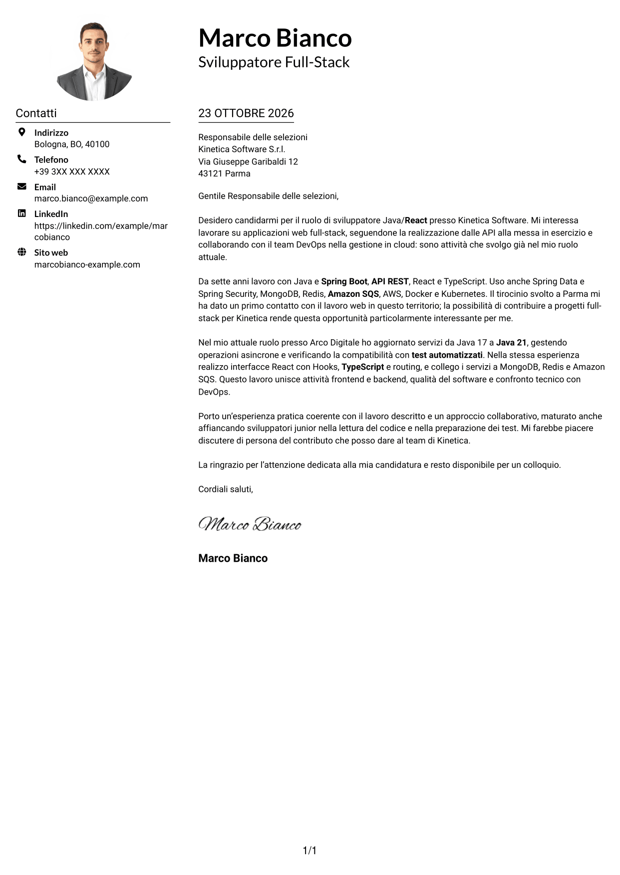 Esempio di lettera di presentazione — pagina 1