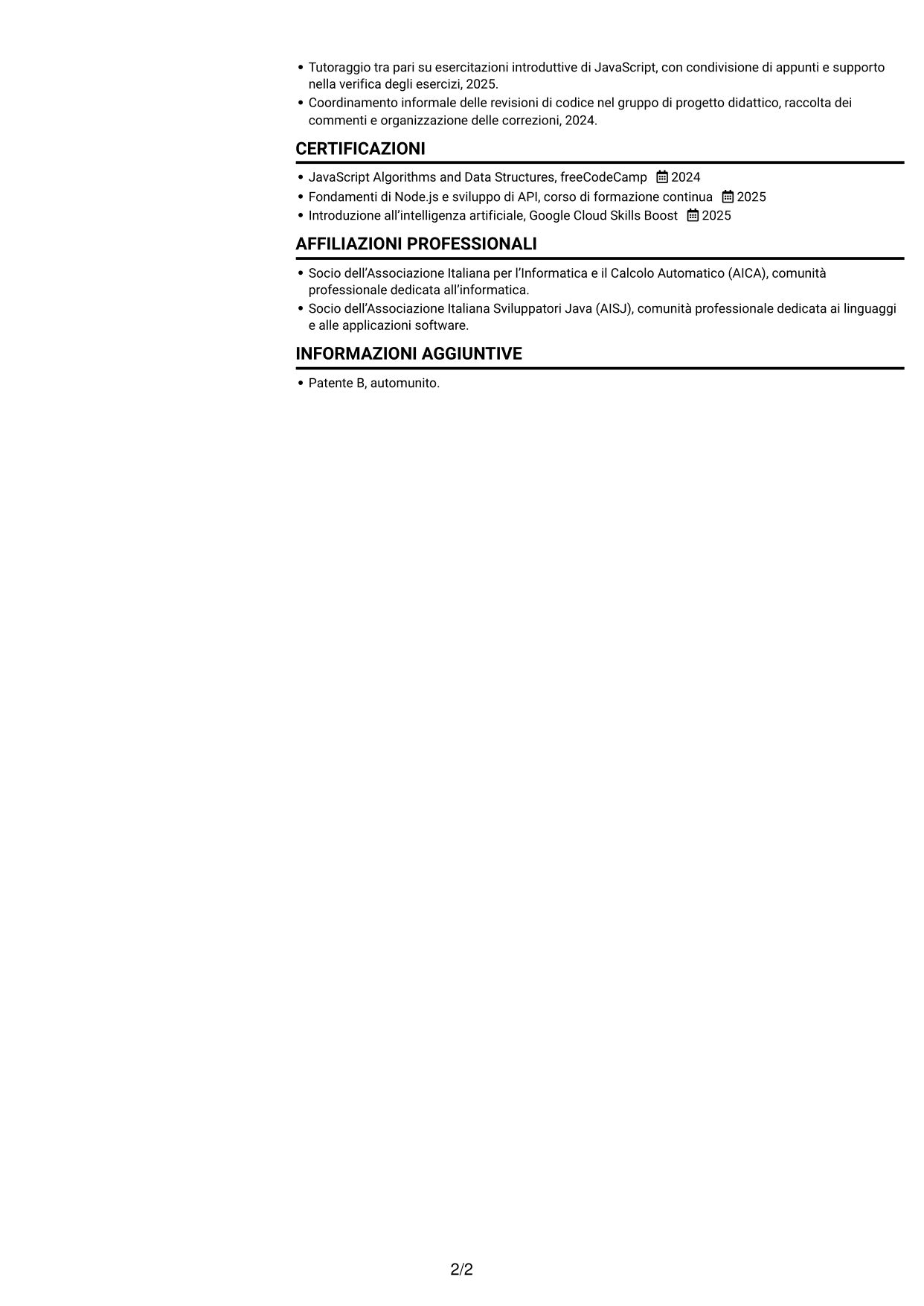 CV Compatto (formato sobrio a due colonne con foto): Sviluppatore Junior - Applicazioni per la logistica, pagina 2