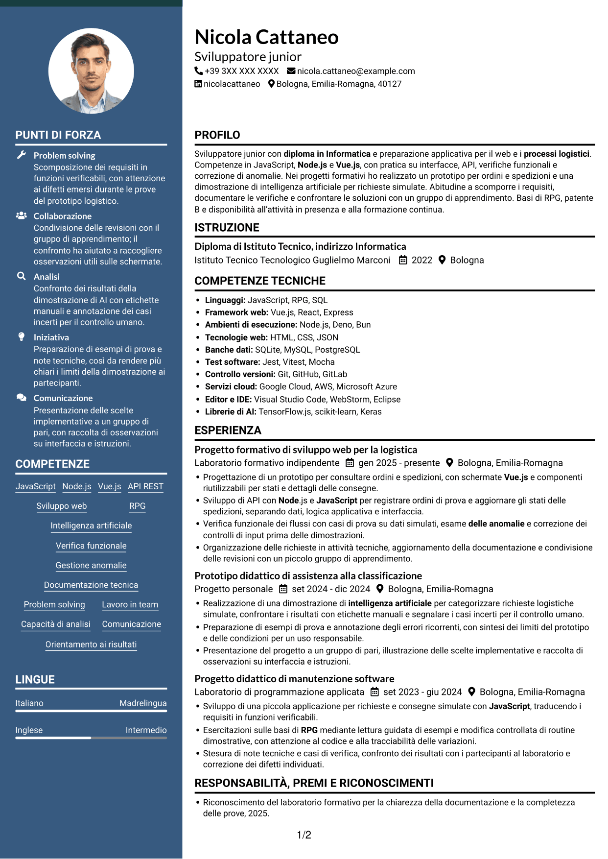 CV Elegante (formato con colonna laterale colorata e foto): Sviluppatore Junior - Applicazioni per la logistica, pagina 1
