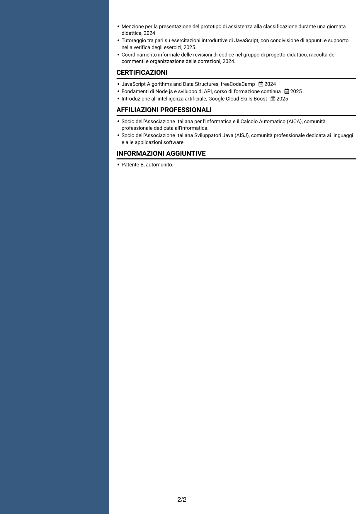 CV Elegante (formato con colonna laterale colorata e foto): Sviluppatore Junior - Applicazioni per la logistica, pagina 2
