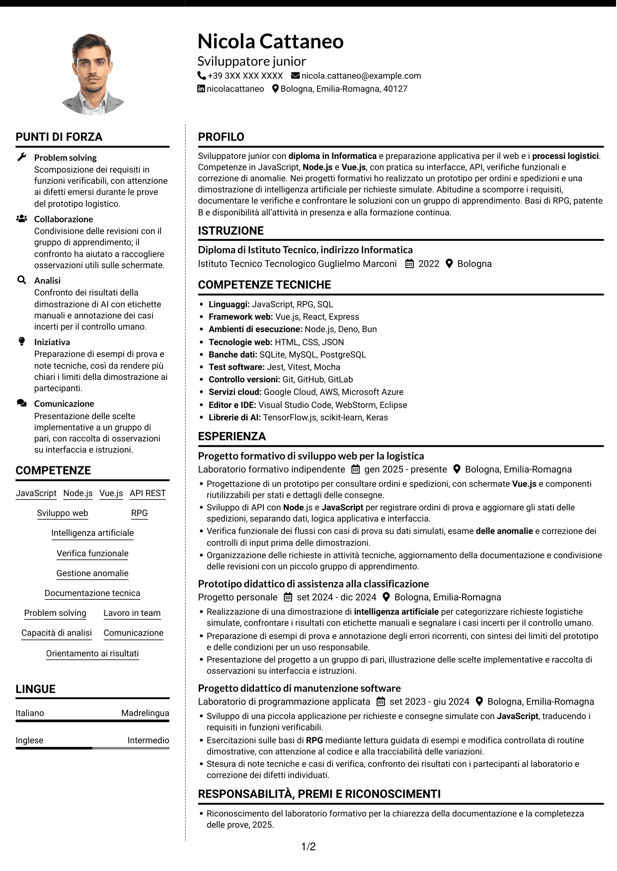 CV Moderno (formato a due colonne con foto a sinistra e separatore): Sviluppatore Junior - Applicazioni per la logistica, pagina 1