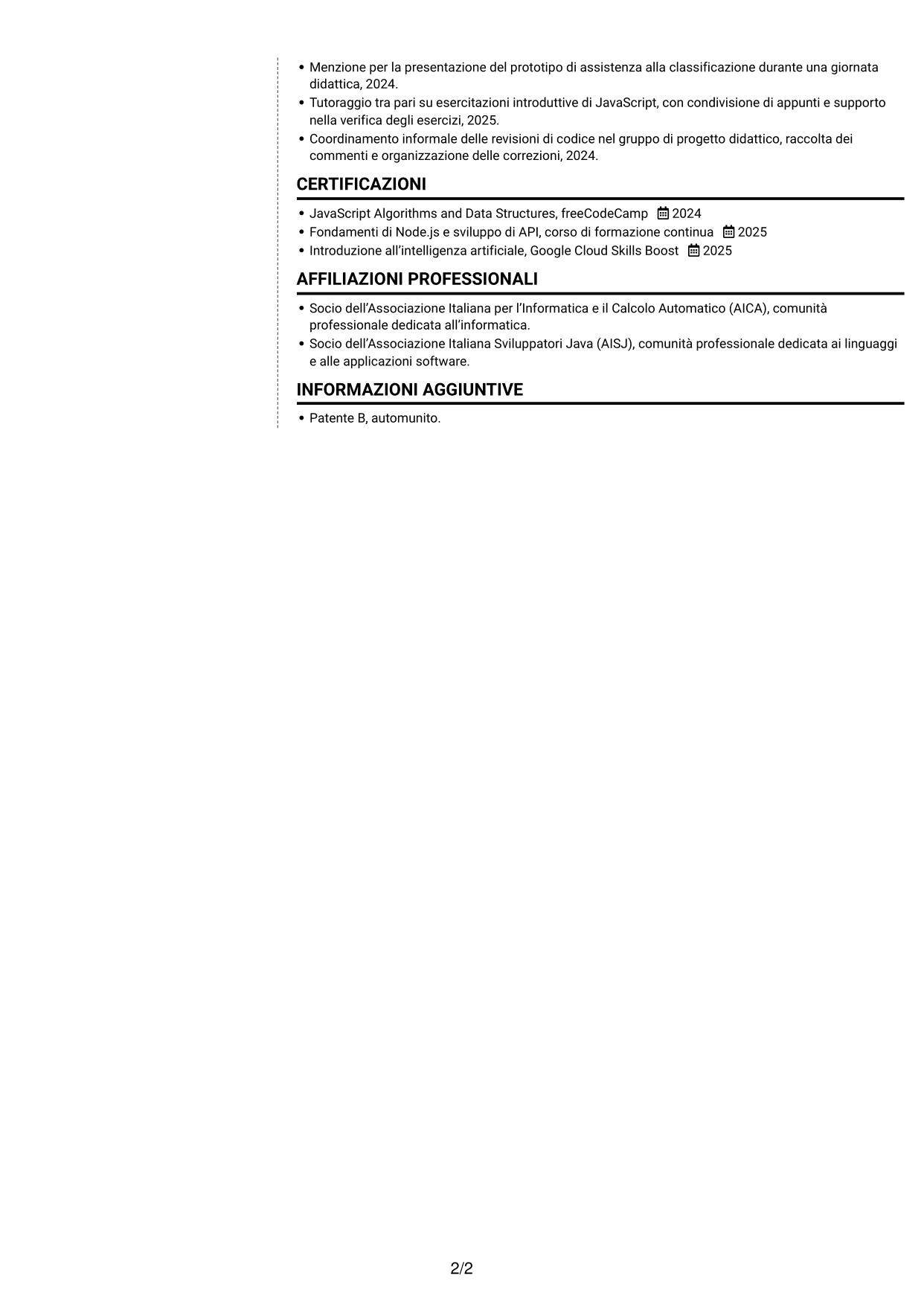 CV Moderno (formato a due colonne con foto a sinistra e separatore): Sviluppatore Junior - Applicazioni per la logistica, pagina 2