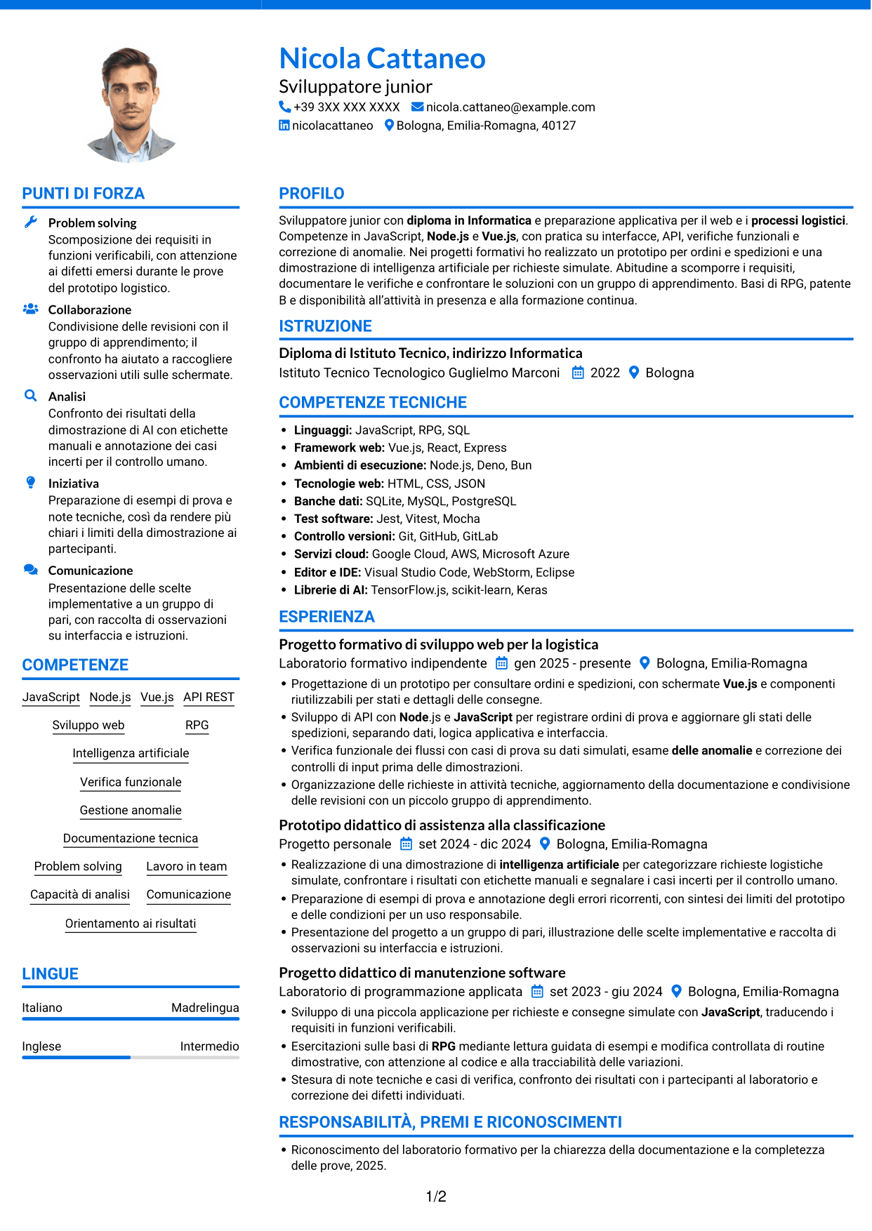 CV Audace (formato a due colonne con accenti colorati e foto): Sviluppatore Junior - Applicazioni per la logistica, pagina 1