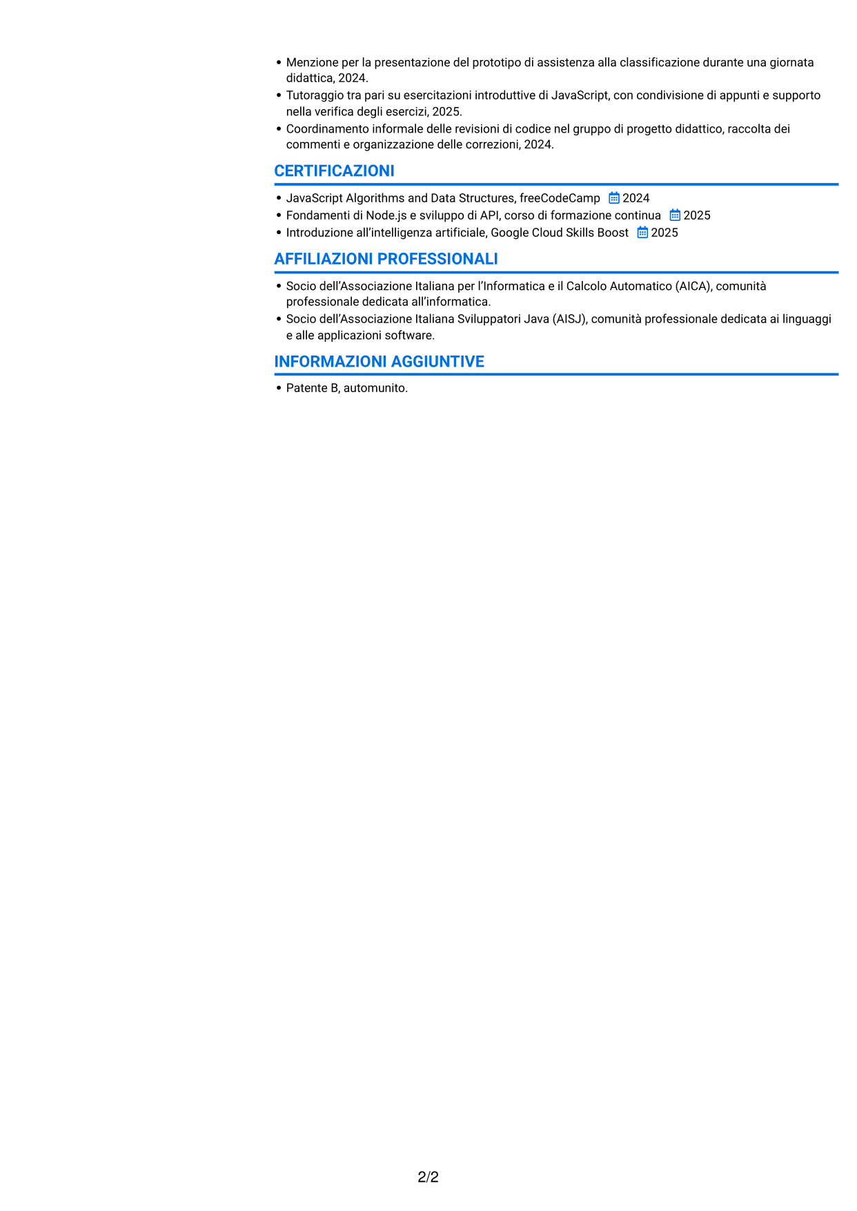 CV Audace (formato a due colonne con accenti colorati e foto): Sviluppatore Junior - Applicazioni per la logistica, pagina 2