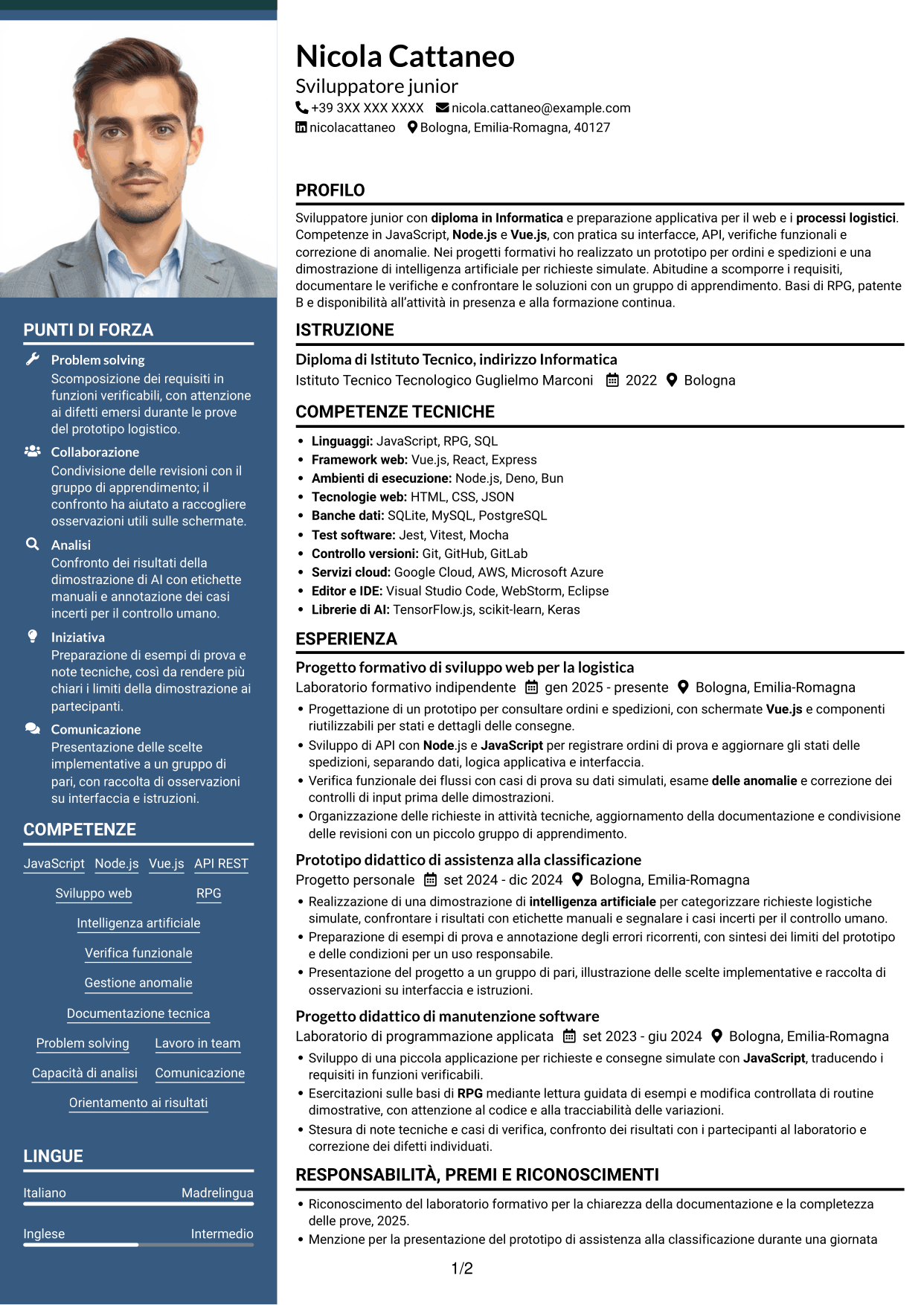 CV Signature (formato con colonna laterale colorata e foto grande): Sviluppatore Junior - Applicazioni per la logistica, pagina 1