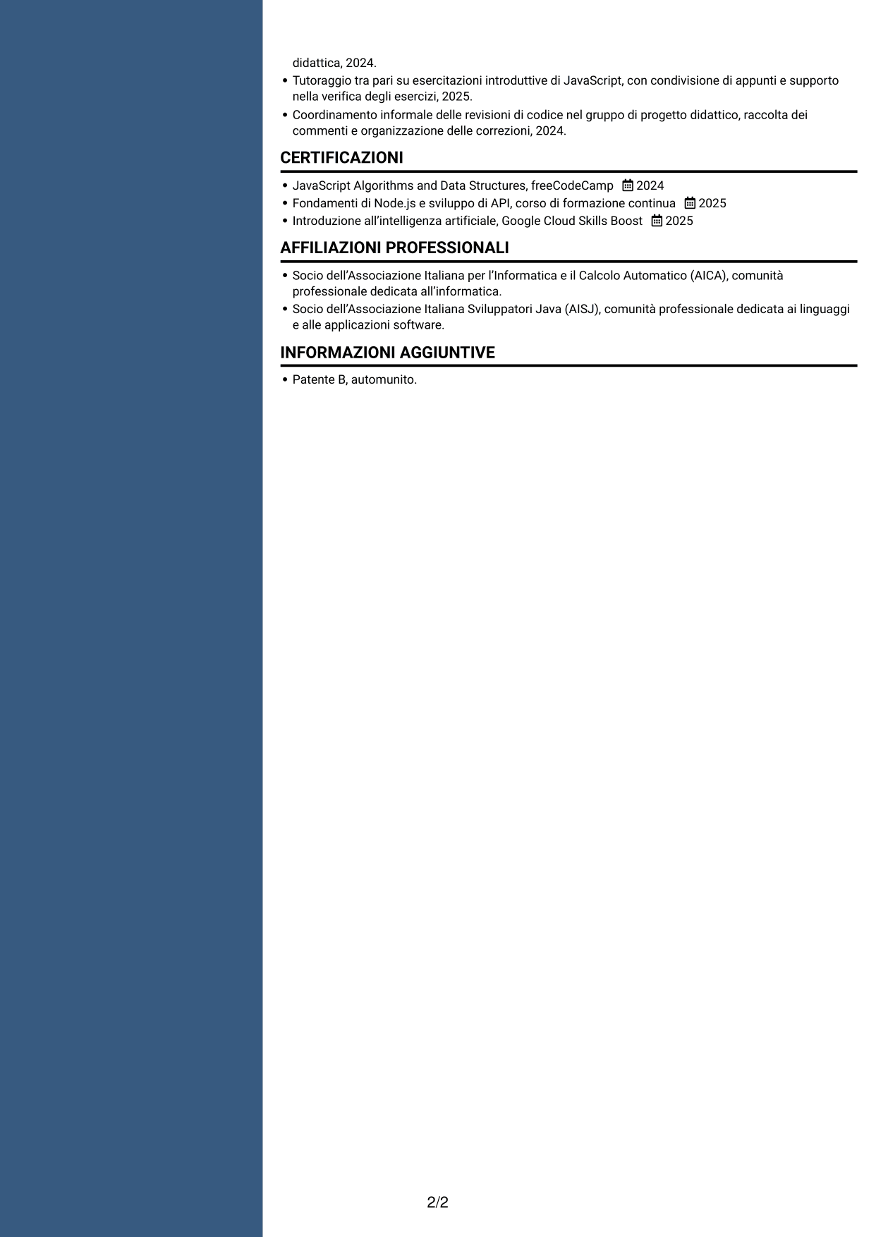 CV Signature (formato con colonna laterale colorata e foto grande): Sviluppatore Junior - Applicazioni per la logistica, pagina 2