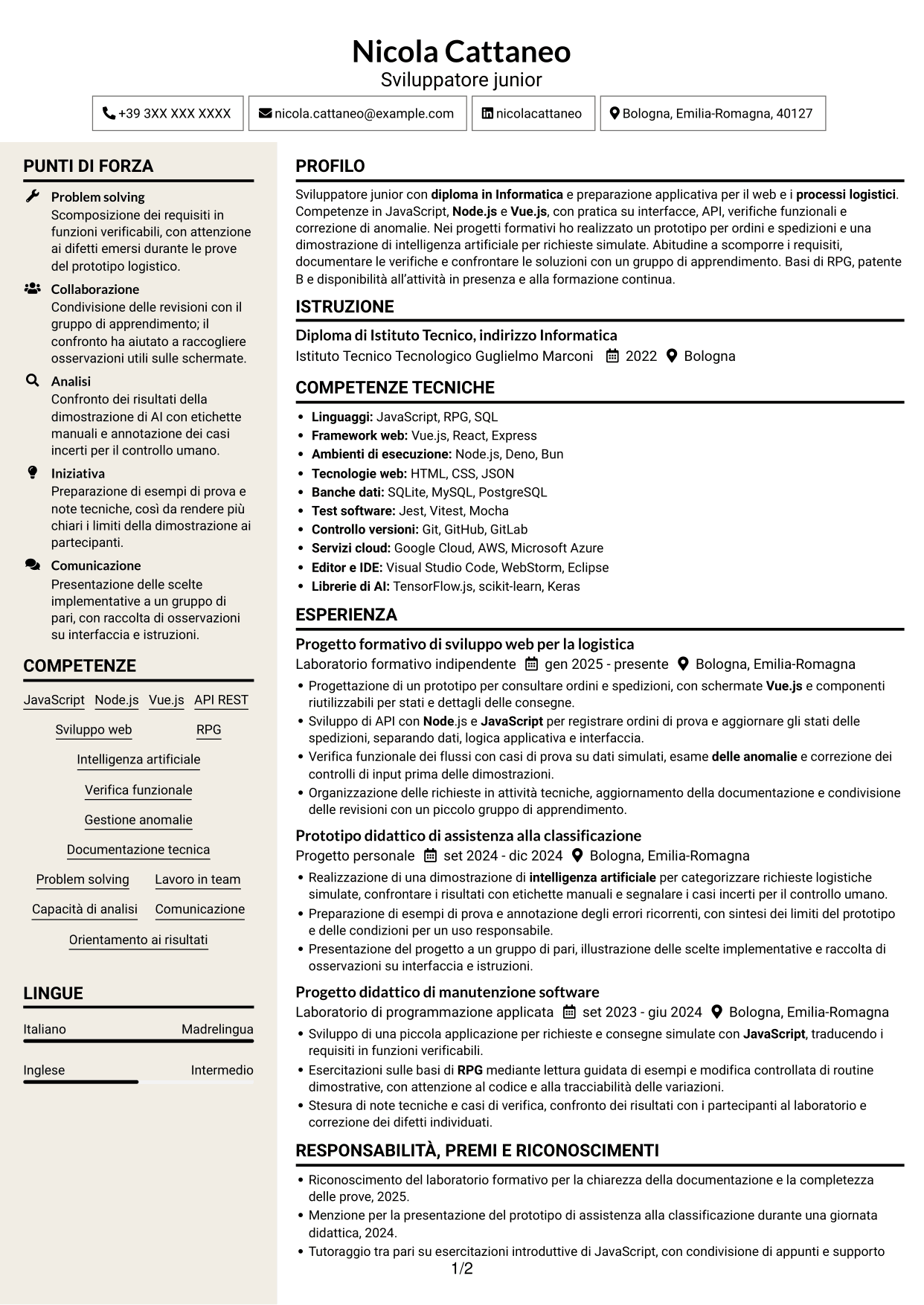 CV Intraprendente (formato a due colonne con intestazione centrata senza foto): Sviluppatore Junior - Applicazioni per la logistica, pagina 1