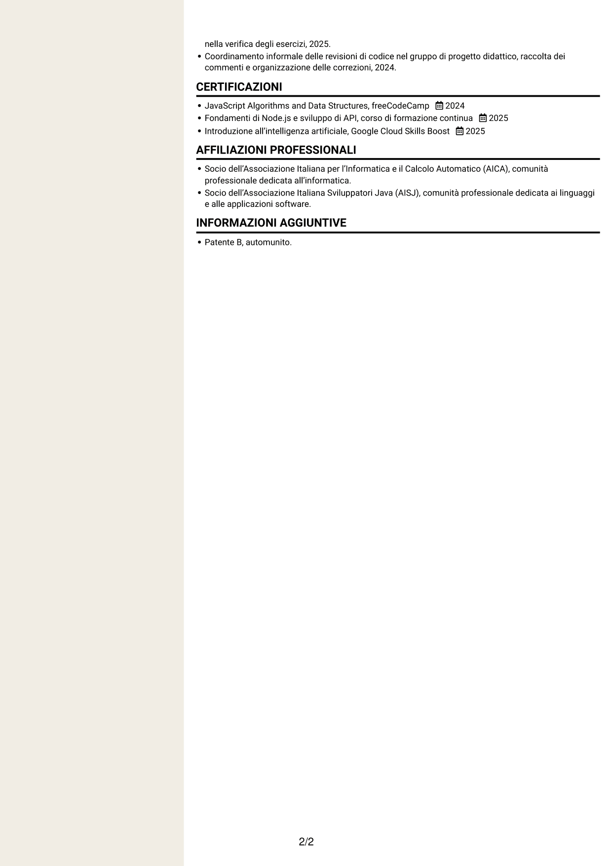 CV Intraprendente (formato a due colonne con intestazione centrata senza foto): Sviluppatore Junior - Applicazioni per la logistica, pagina 2