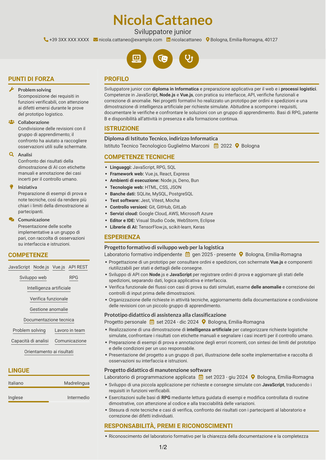 CV Dinamico (formato a due colonne con icone): Sviluppatore Junior - Applicazioni per la logistica, pagina 1
