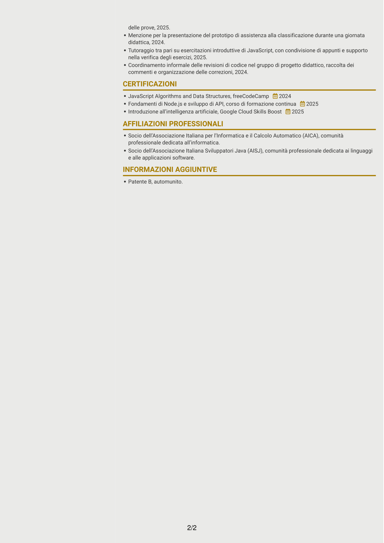 CV Dinamico (formato a due colonne con icone): Sviluppatore Junior - Applicazioni per la logistica, pagina 2