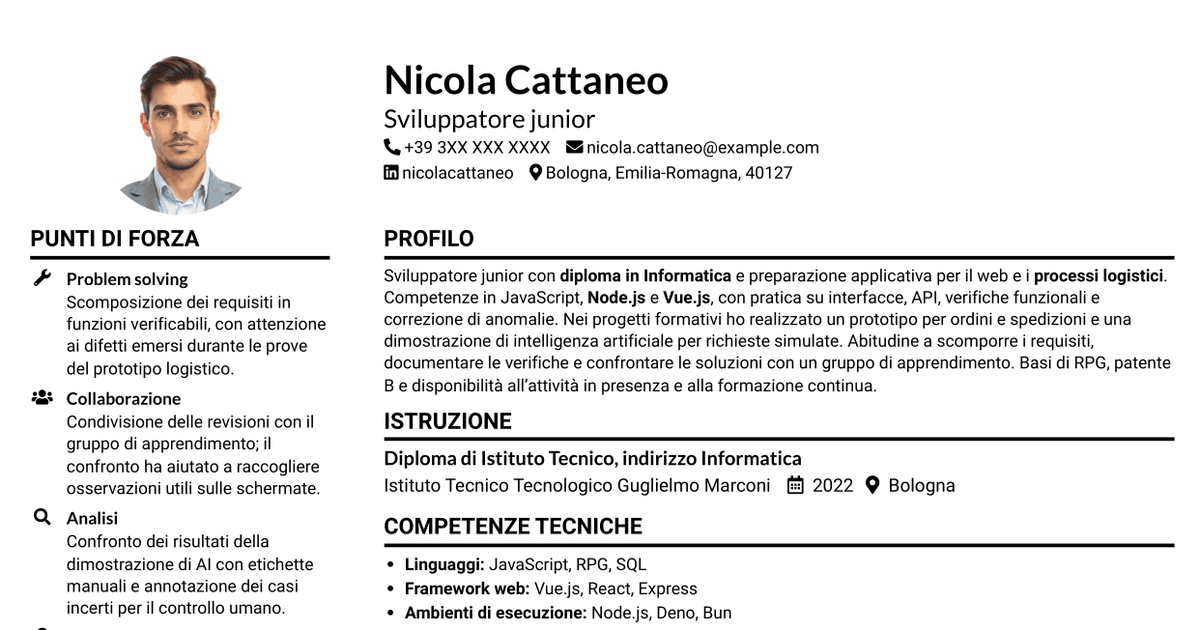 7 modelli di CV per Sviluppatore Junior - Applicazioni per la logistica, con esempi