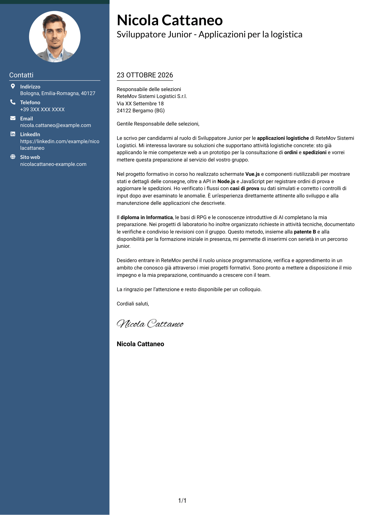 Lettera di presentazione Elegante (formato con colonna laterale colorata e foto): Sviluppatore Junior - Applicazioni per la logistica, pagina 1