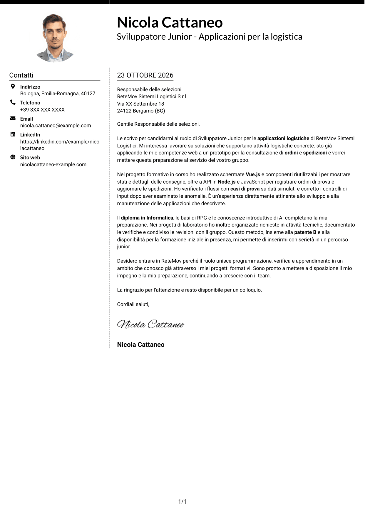 Lettera di presentazione Moderno (formato a due colonne con foto a sinistra e separatore): Sviluppatore Junior - Applicazioni per la logistica, pagina 1