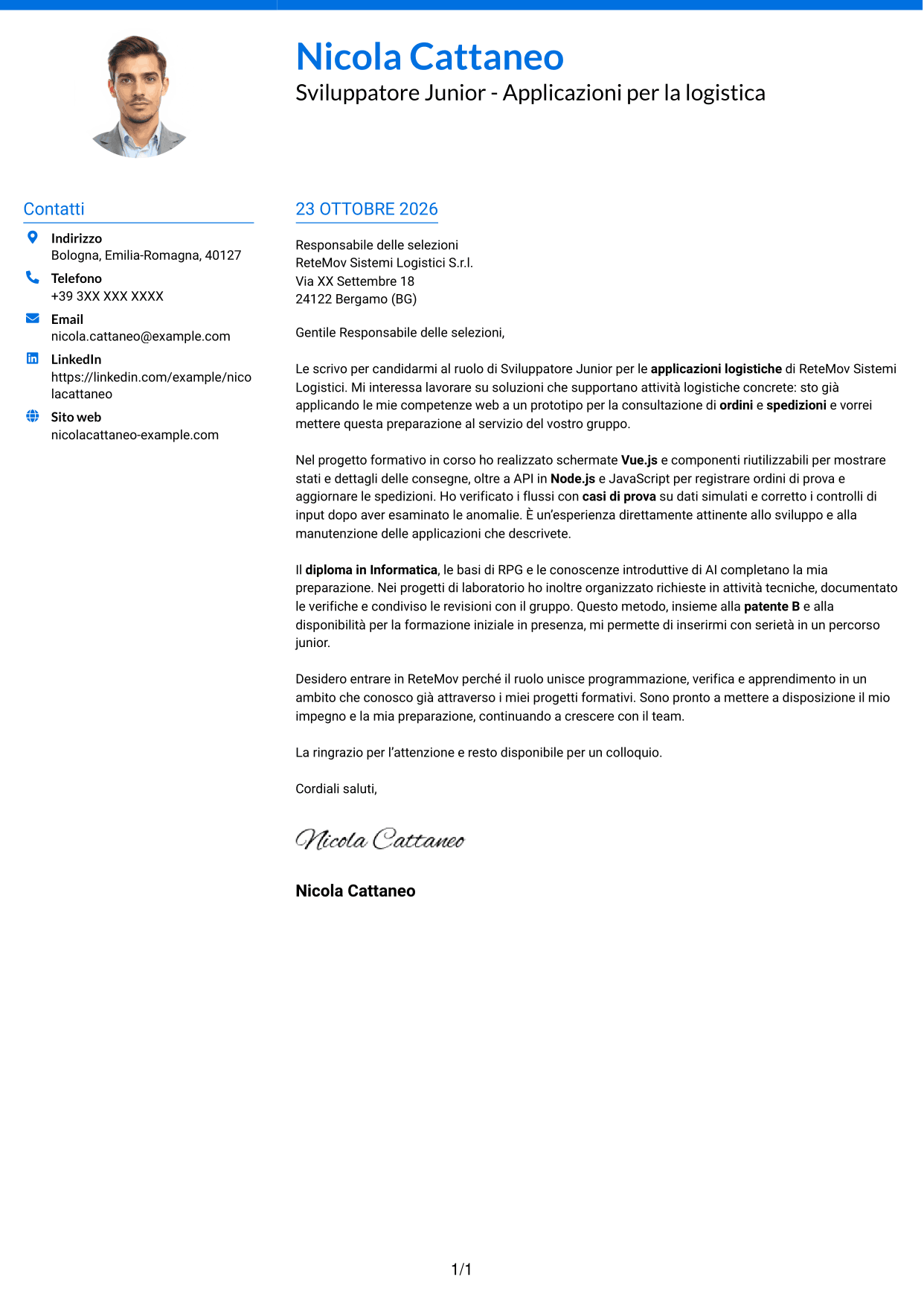 Lettera di presentazione Audace (formato a due colonne con accenti colorati e foto): Sviluppatore Junior - Applicazioni per la logistica, pagina 1