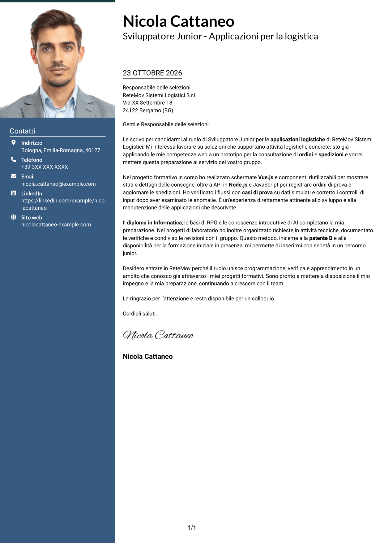 Lettera di presentazione Signature (formato con colonna laterale colorata e foto grande): Sviluppatore Junior - Applicazioni per la logistica, pagina 1