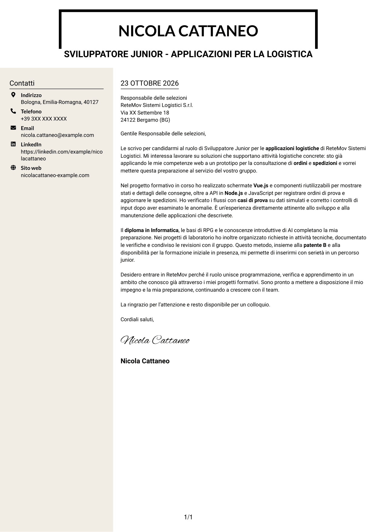 Lettera di presentazione Intraprendente (formato a due colonne con intestazione centrata senza foto): Sviluppatore Junior - Applicazioni per la logistica, pagina 1