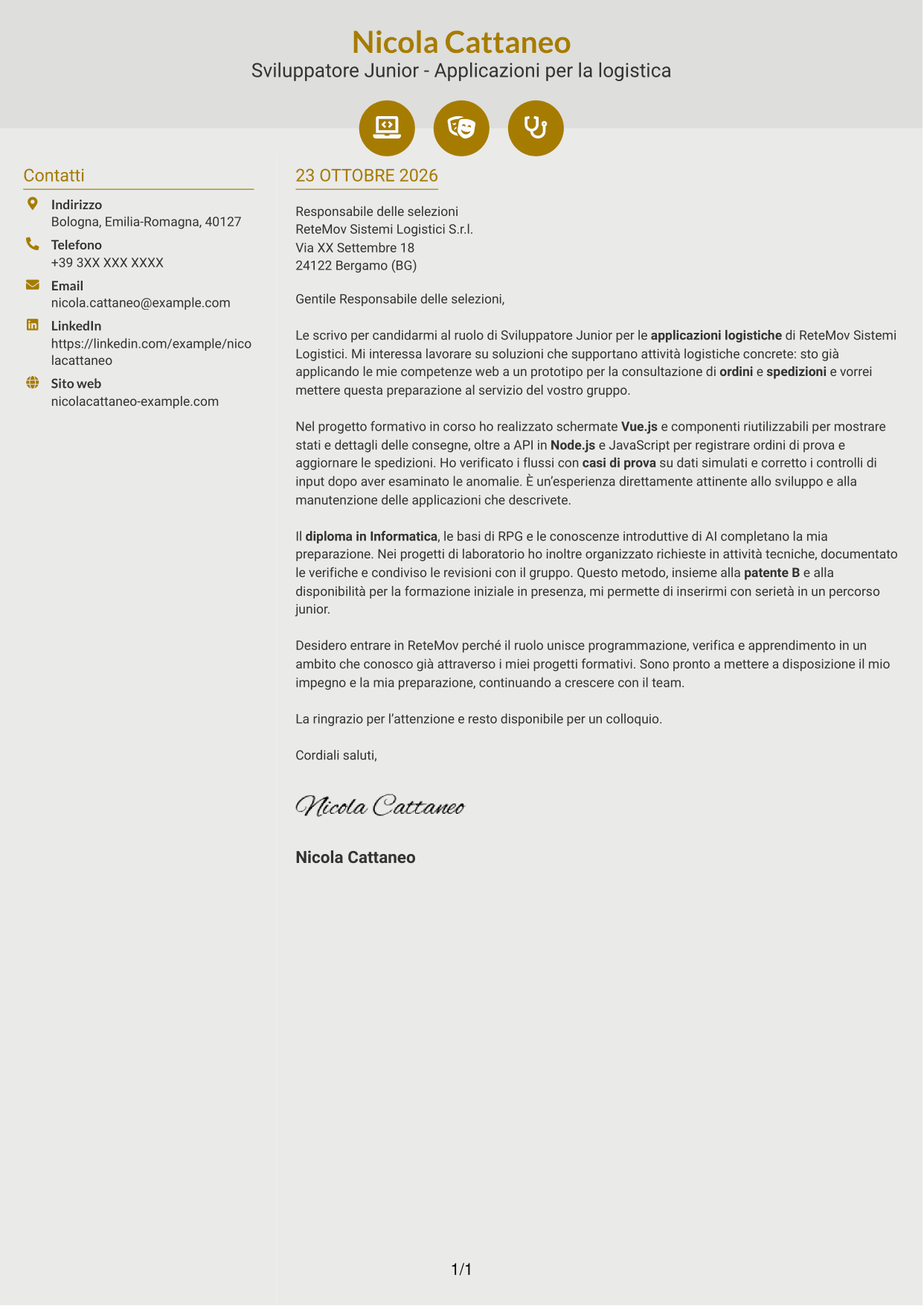 Lettera di presentazione Dinamico (formato a due colonne con icone): Sviluppatore Junior - Applicazioni per la logistica, pagina 1