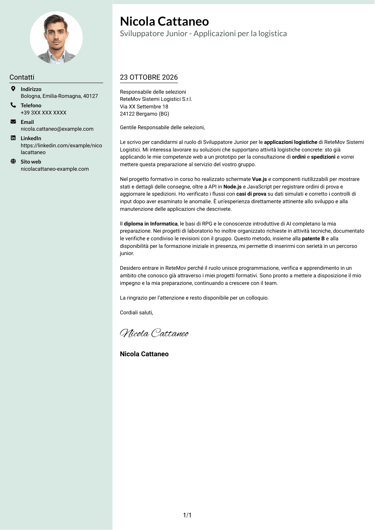 Lettera di presentazione Dirigente (formato con colonna laterale tenue e foto arrotondata): Sviluppatore Junior - Applicazioni per la logistica, pagina 1