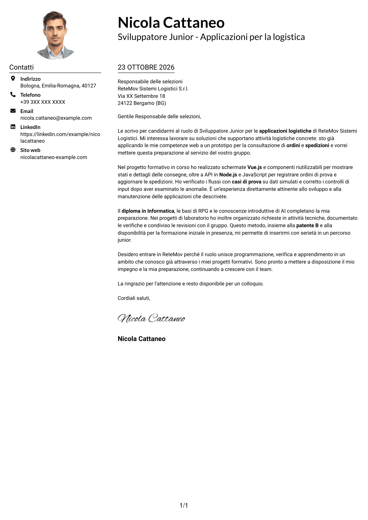 Esempio di lettera di presentazione — pagina 1