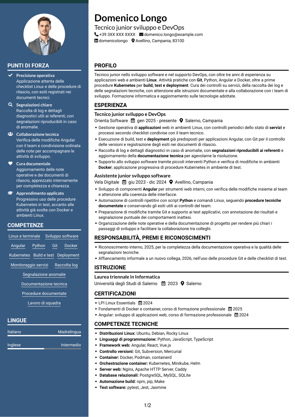 CV Elegante (formato con colonna laterale colorata e foto): Sviluppatore Junior DevOps - Angular, Python e Linux, pagina 1