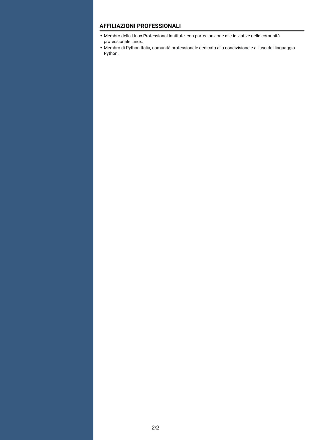 CV Elegante (formato con colonna laterale colorata e foto): Sviluppatore Junior DevOps - Angular, Python e Linux, pagina 2